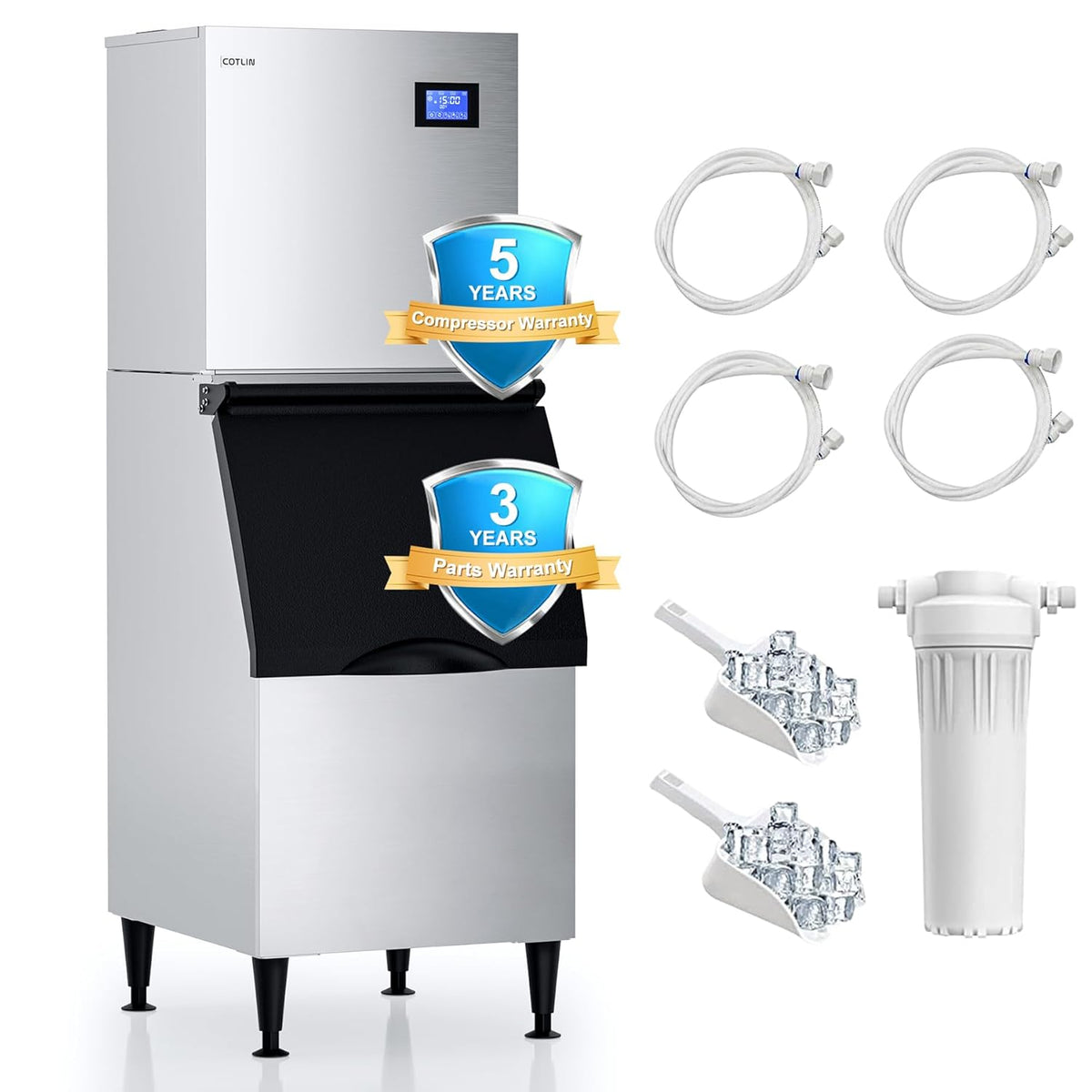 COTLIN 22" Commercial Ice Maker Machine 550LBS/24H with 350LBS Storage Bin, SECOP Compressor, 195 Ice/5–15 Min, Large Nugget Industrial Ice Maker with Water Filter, Self-Cleaning/Timing for Business