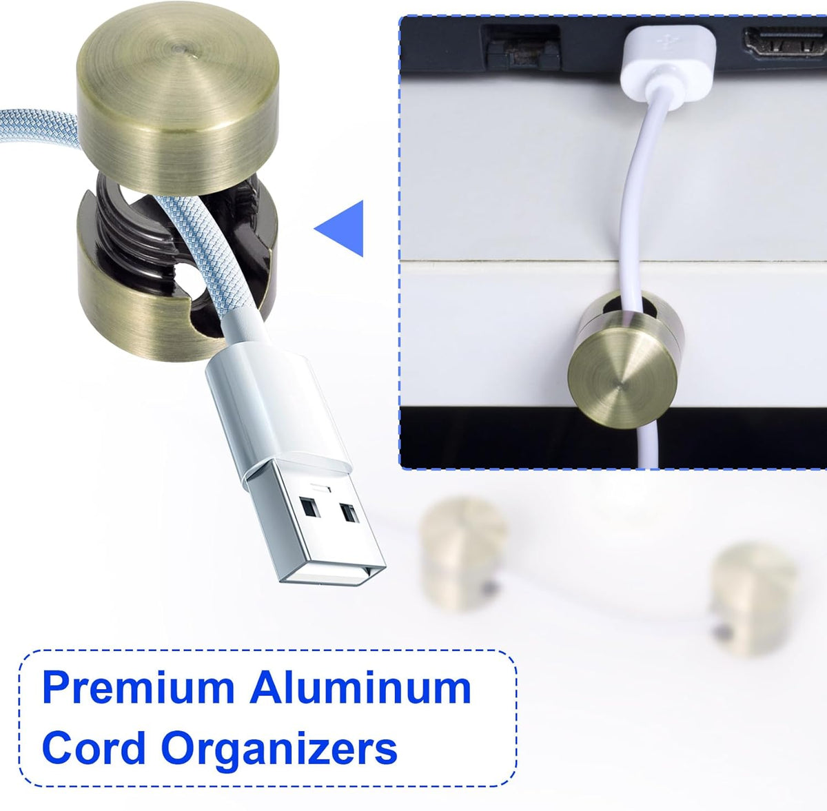 3 Sets Charger Holders for Cords, Gold/Silver/Antique Copper Adjustable Cable Anchor Holders, Adhesive Metal Cord Clips, Cable Management Wire Organizers for Desk, Office, Nightstand