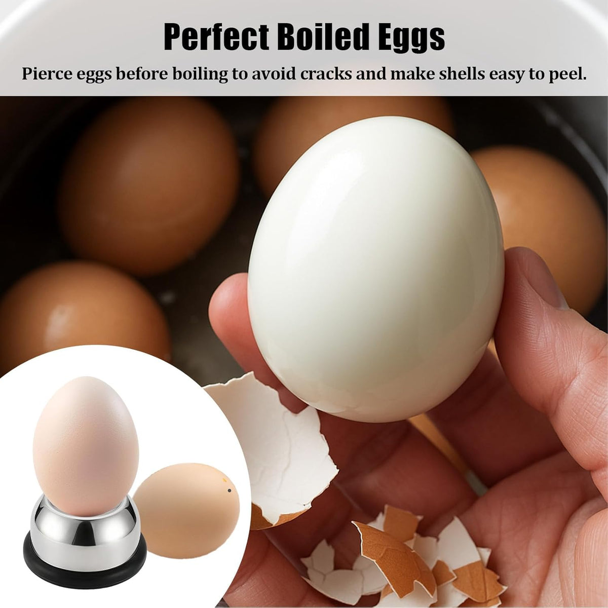 Egg Piercer for Raw Eggs, Stainless Steel Needle Egg Punch Tool with Black Anti-Slip Base to Get Good Hard Boiled Eggs for Home and Commercial Kitchen Use