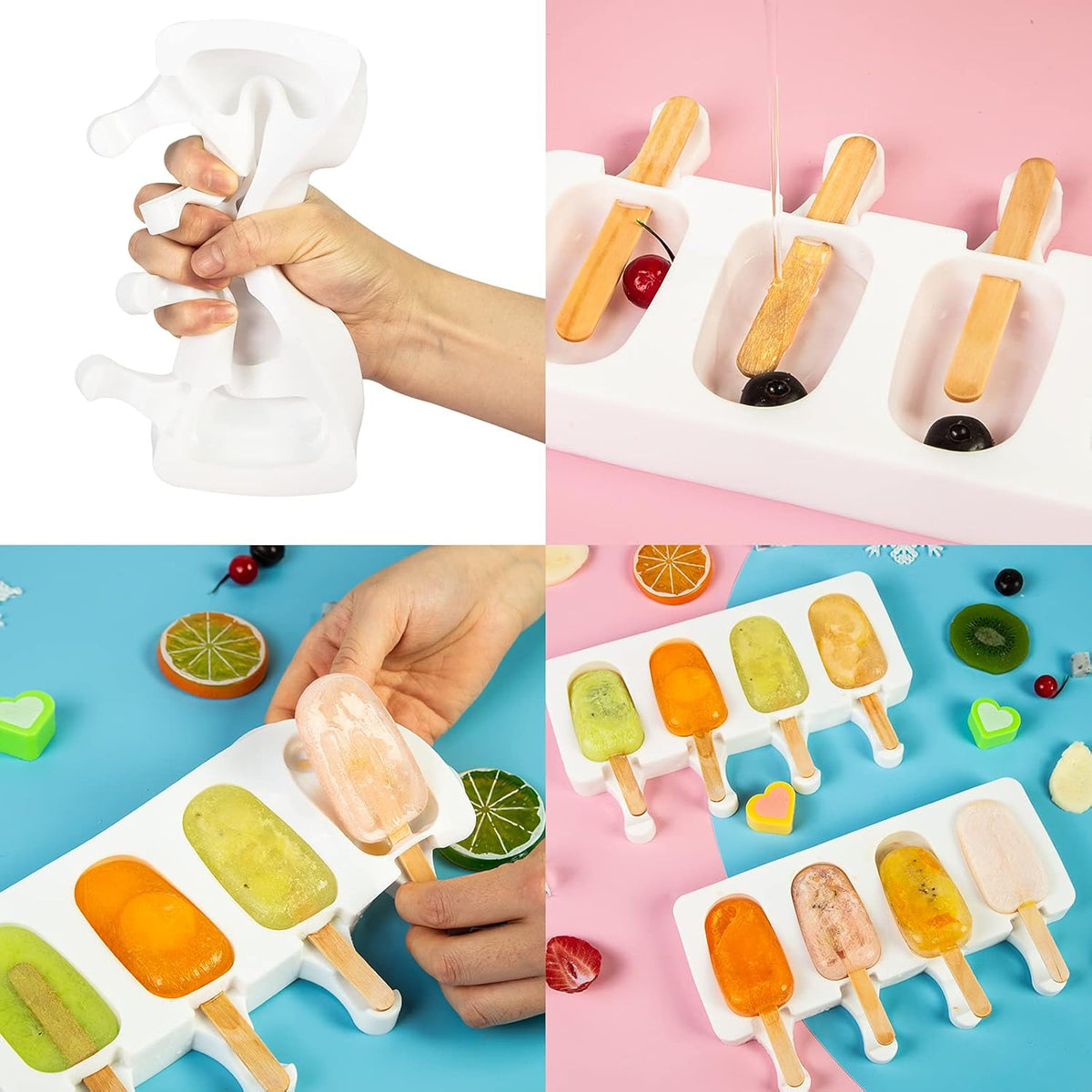 Ozera 2 Pack Popsicles Molds Set, Silicone 4 Cavities Oval Popsicle Cake Pop Molds for Homemade Cakesicles, with 50 Wooden Popsicle Sticks & Bags