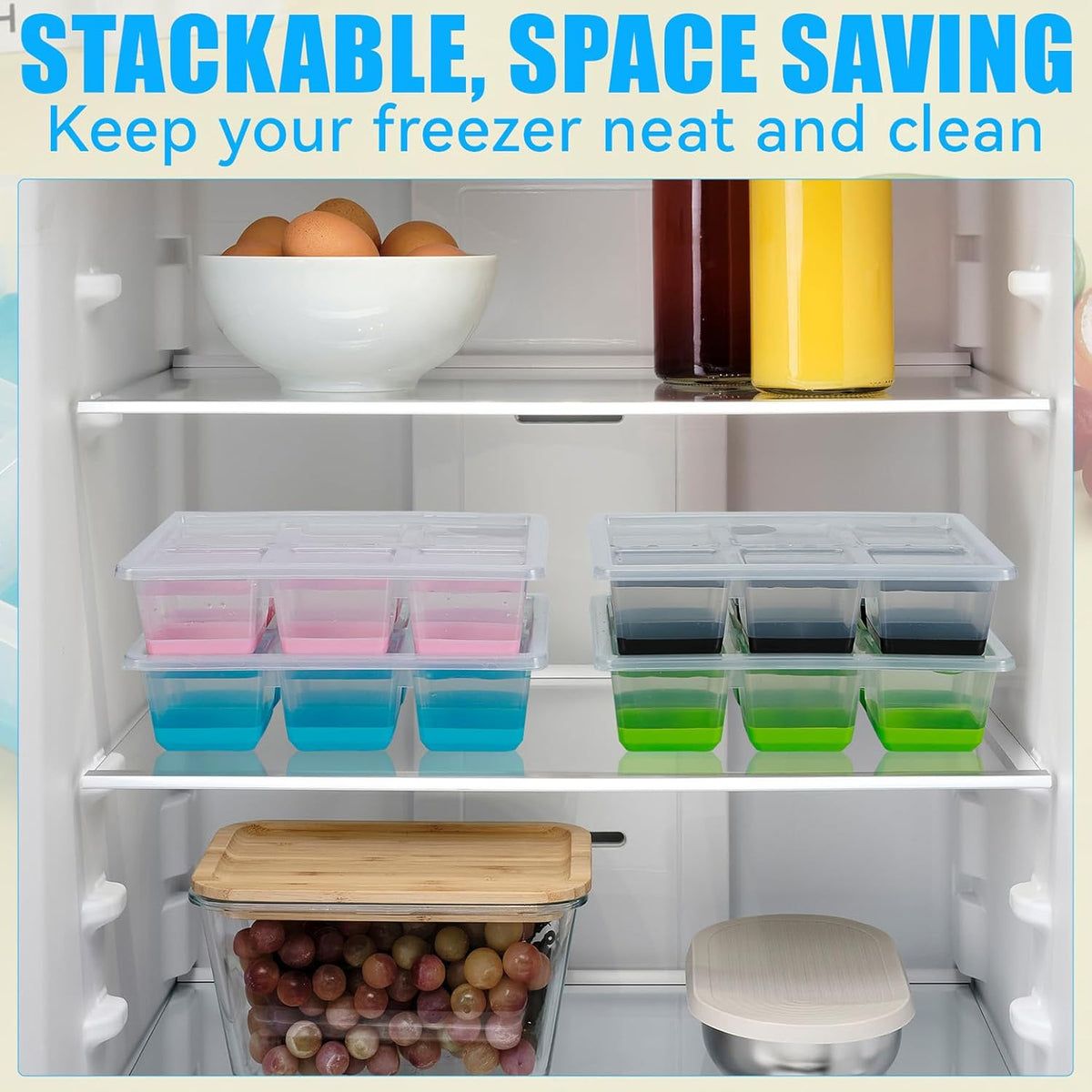 Ice Cube Trays 2 Pack, JRISBO Large Silicone Ice Cube Molds with Leak-Proof Lid, Transparent TPE Frame & Easy Release Bottom, Stackable Freezer Ice Trays for Whiskey, Cocktails, Soup, BPA Free