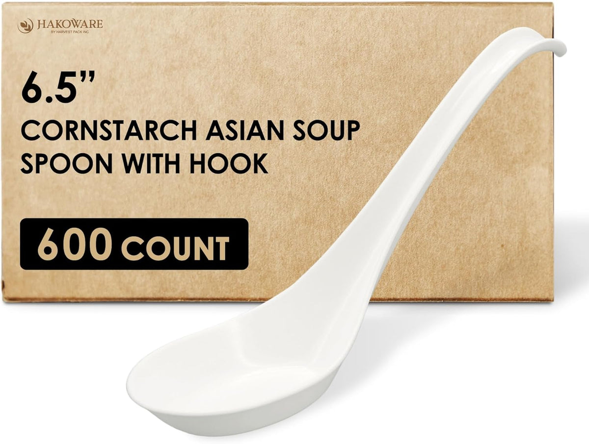 [600 COUNT] HAKOWARE Disposable Large Asian Soup Spoons with Hook, made from Crystalized Cornstarch, for Take-out Ramen Pho Noodles, Disposable Utensils Bulk Size Durable