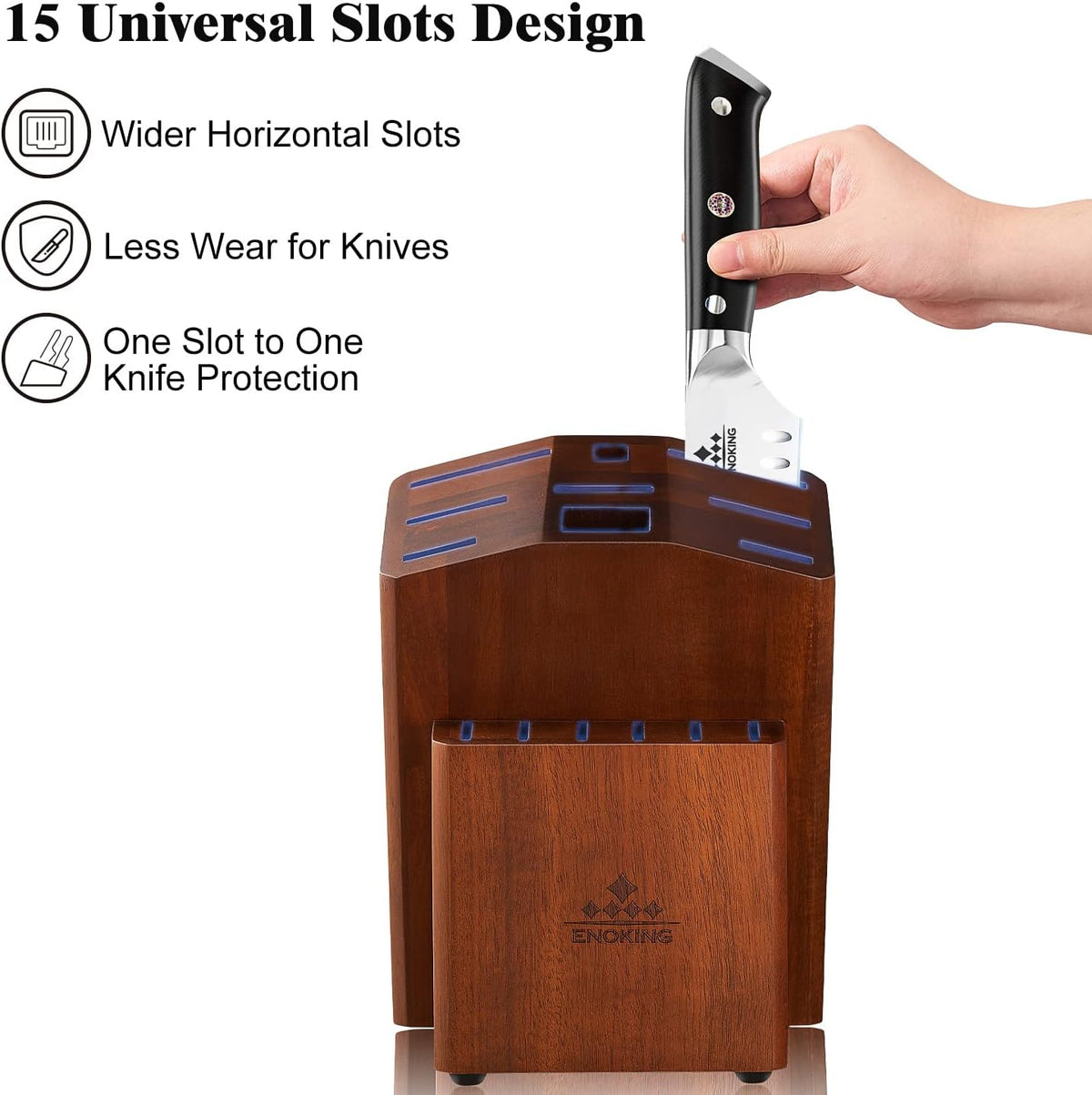 ENOKING 15 Slots Universal Knife Block, Acacia Wood Knife Block without Knives, Knife Holder for Kitchen Counter- Wider Angled Openings for Keeping Knives Sharp