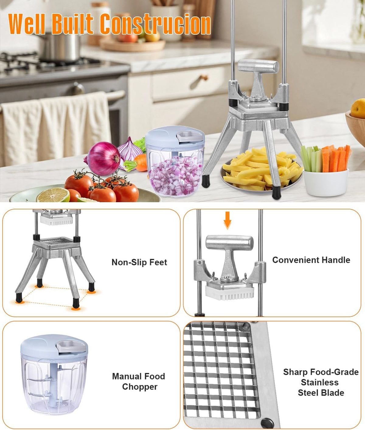 Commercial Vegetable Fruit Chopper 1/4″&3/8″ Blade Heavy Duty Professional Food Dicer Kattex French Fry Cutter Onion Slicer Stainless Steel for Tomato Peppers Potato Mushroom