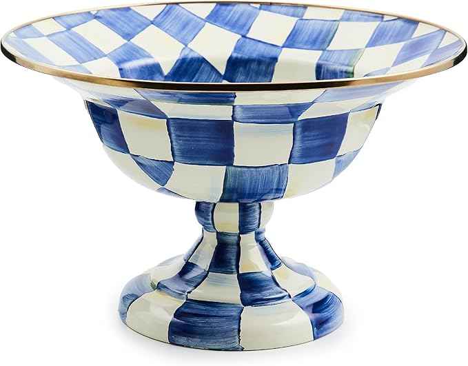 MACKENZIE-CHILDS Enamel Compote, Cute Enamel Pedestal Serving Dish or Decorative Bowl, Large, Blue-and-White Royal Check