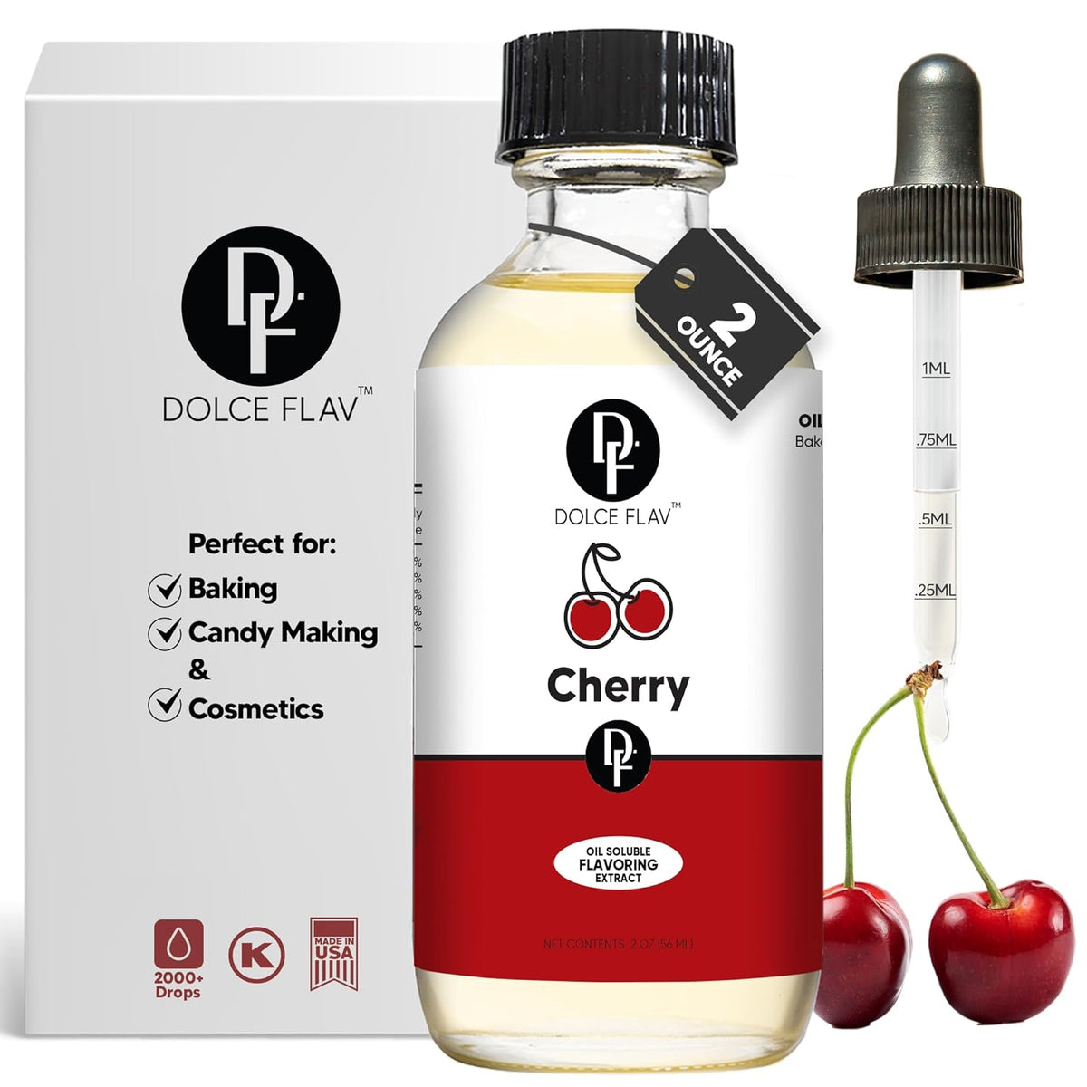 Dolce Flav Cherry Extract – 2 Ounce Oil-Soluble Kosher, Sugar-Free, Concentrated Fruity Flavor for Candy, Chocolates & Desserts, Includes Measured Dropper