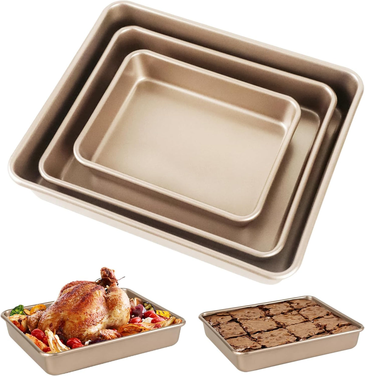 Deep Baking Pans Set, 3-Pieces Rectangle Cake Pan, Nonstick Roasting Pans Set for Thanksgiving Christmas, 9/11/13 Inch, Toaster Oven Tray Bakeware Set, Lasagna Pan Deep Size, Heavy Duty, Gold