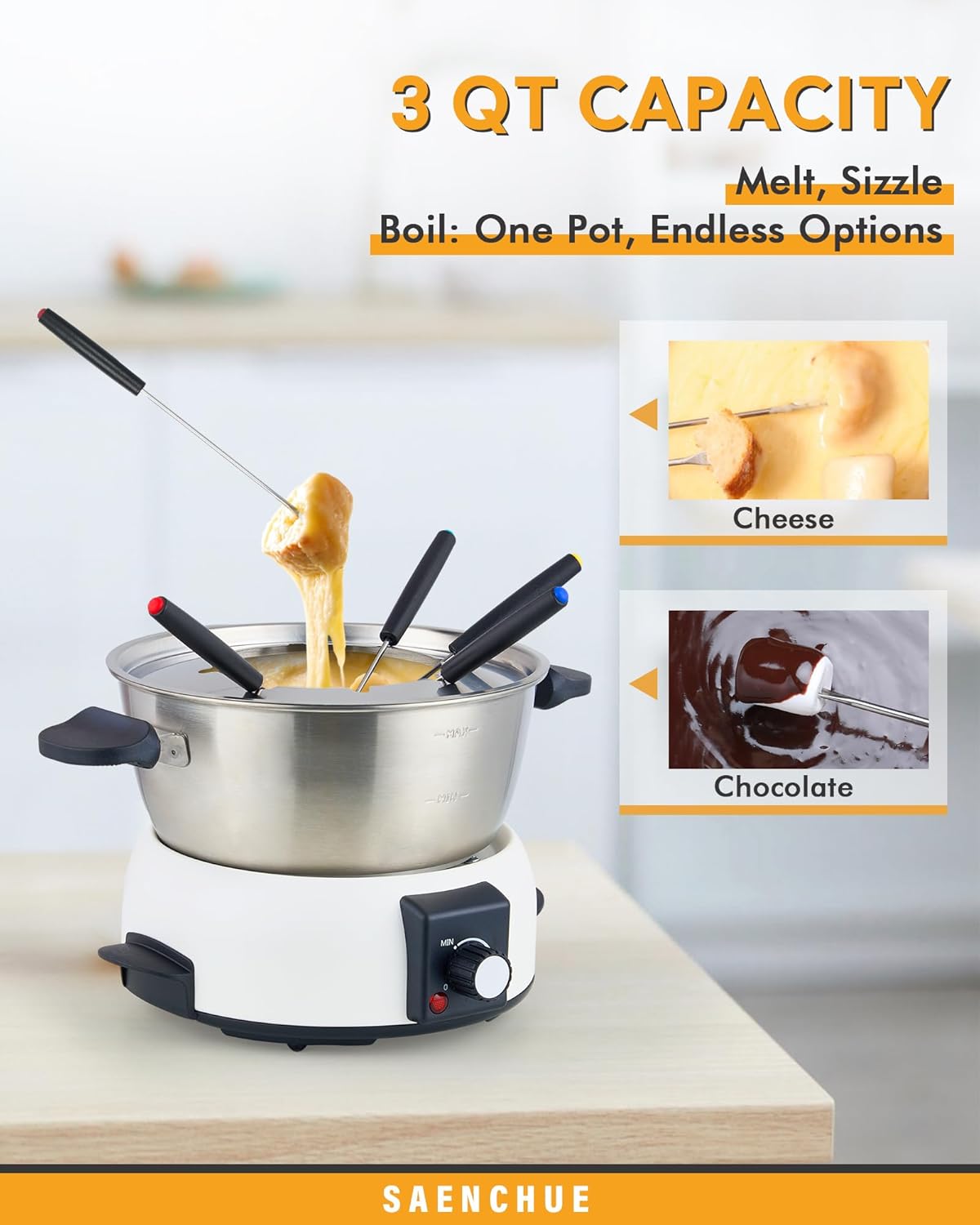 Electric Fondue Pot Set for Cheese & Chocolate - 6-Cup Stainless Steel Fondue Pot with 8 Coded Forks - 3 Mode Fondue Set Adjustable Temperature Control for Cheese, Oil and Hotpot, FD-10