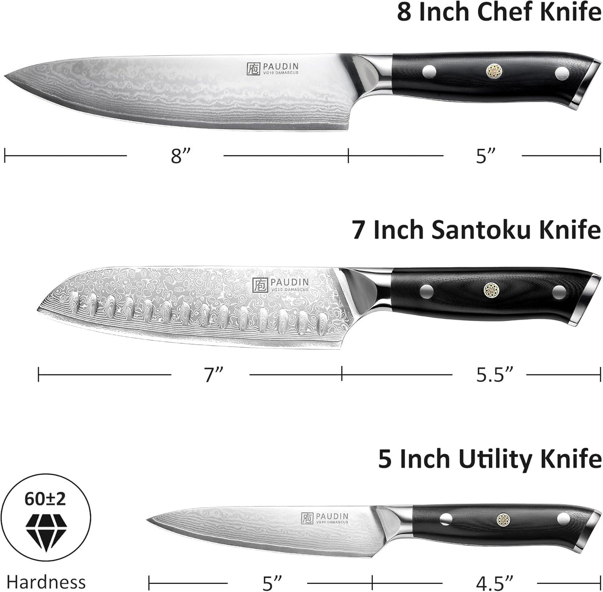 PAUDIN Damascus Knife Set 3 PCS, Japanese VG10 Steel Core, Ultra Sharp Chef Knife Set, Full Tang G10 Handle, Damascus Kitchen Knives
