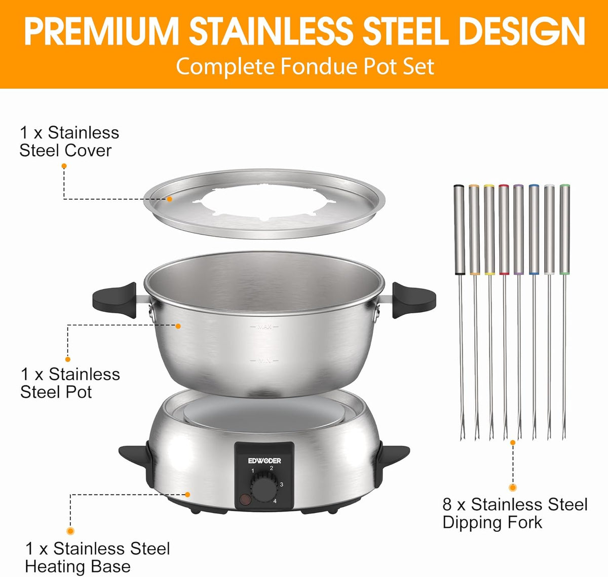 Electric Fondue Pot Set,2-Quart 1000-Watt Stainless Steel Fondue Maker with Temperature Control,8 Forks,Perfect for Chocolate, Cheese, Caramel