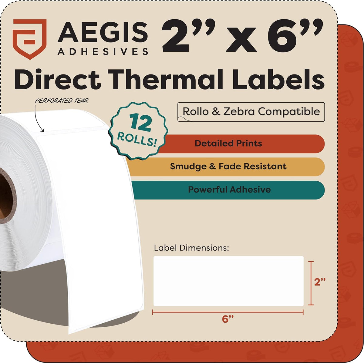 Aegis Adhesives - 2" X 6" Direct Thermal Labels Compatible with Rollo, Zebra, and Other Desktop Label Printers (12 Rolls, 250/Roll)