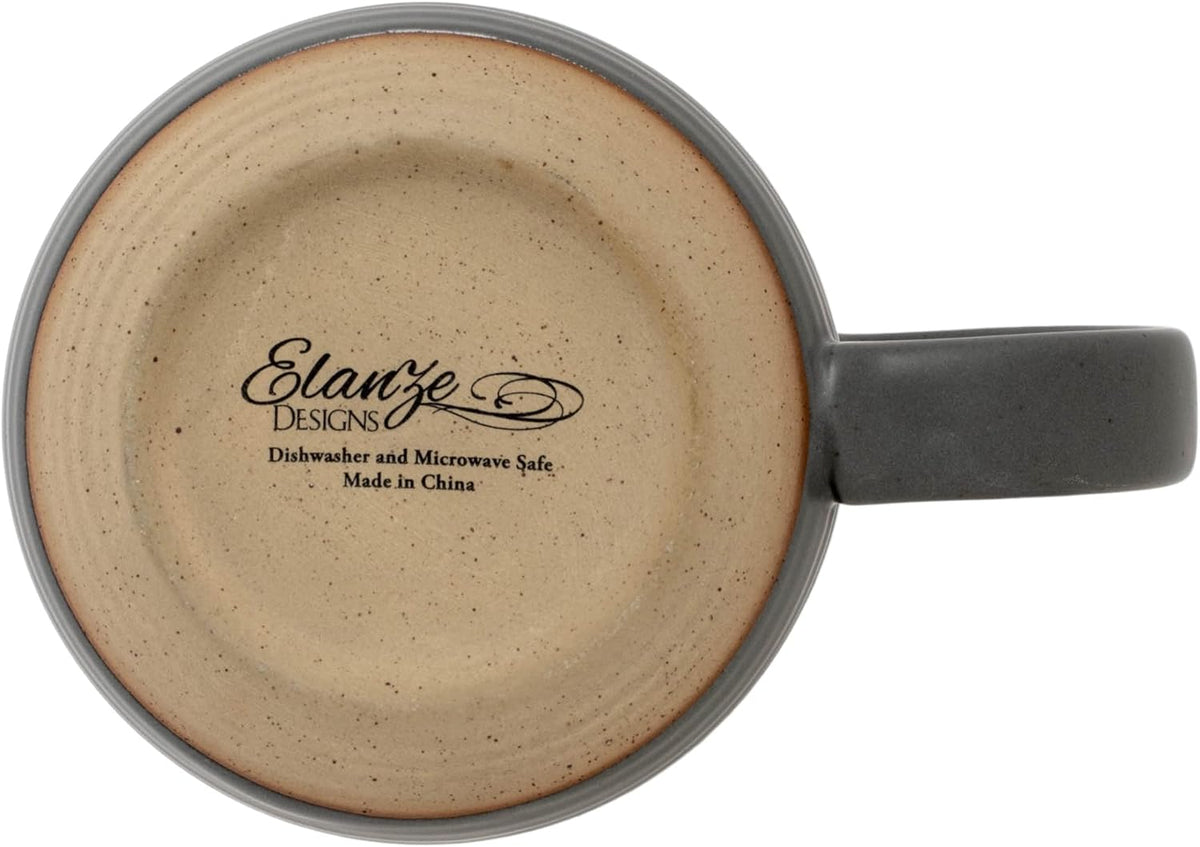 Elanze Designs Ribbed Ceramic Stoneware 16 ounce Raw Clay Bottom Coffee Mugs Set of 4, Grey