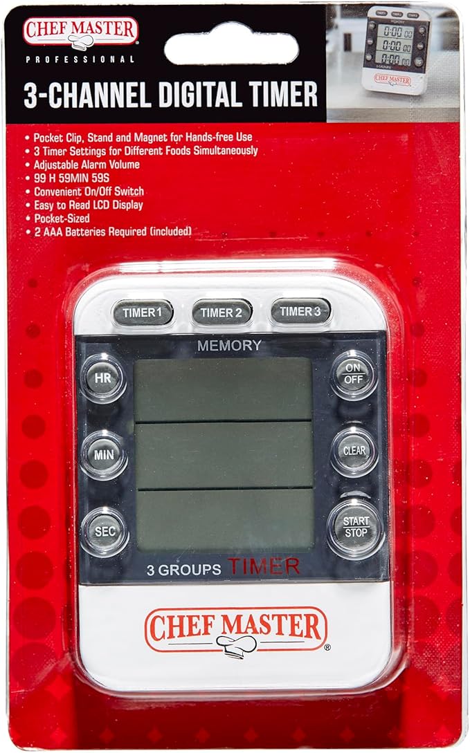 3-Channel Digital Timer by Chef Master, Triple Channel Count Up/Down Kitchen Digital Timer for Cooking, Roasting, Grilling, Marinade, Boiling, Baking, Pocket Clip, Stand & Magnet for Hands Free -90271
