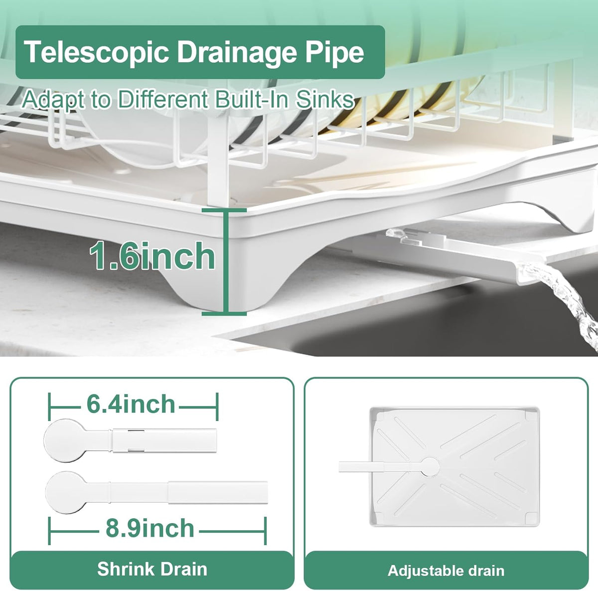 Dish Drying Rack,Dish Racks for Kitchen Counter, Metal Dish Drainer with Adjustable Drainage Spout, Removable Knife and Fork Holder (White)