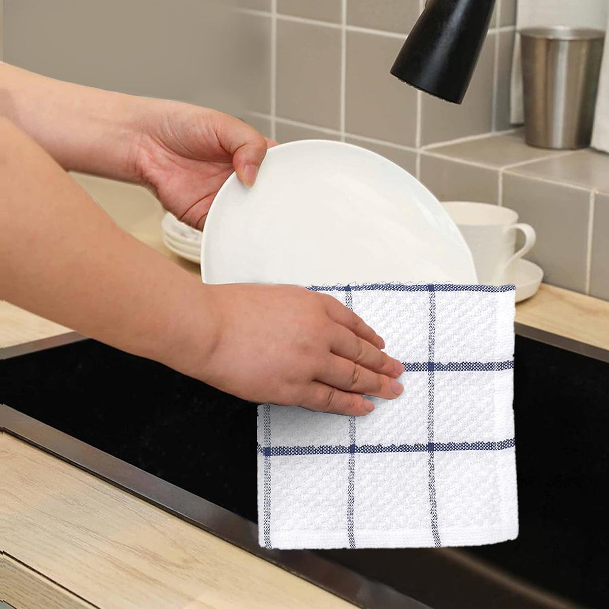 AMOUR INFINI Cotton Kitchen Dish Cloths Set of 8 – Highly Absorbent, Super Soft Premium Terry Cleaning Cloth (12"x12" Inch) Premium Dishcloths for Washing Dishes (Blue)