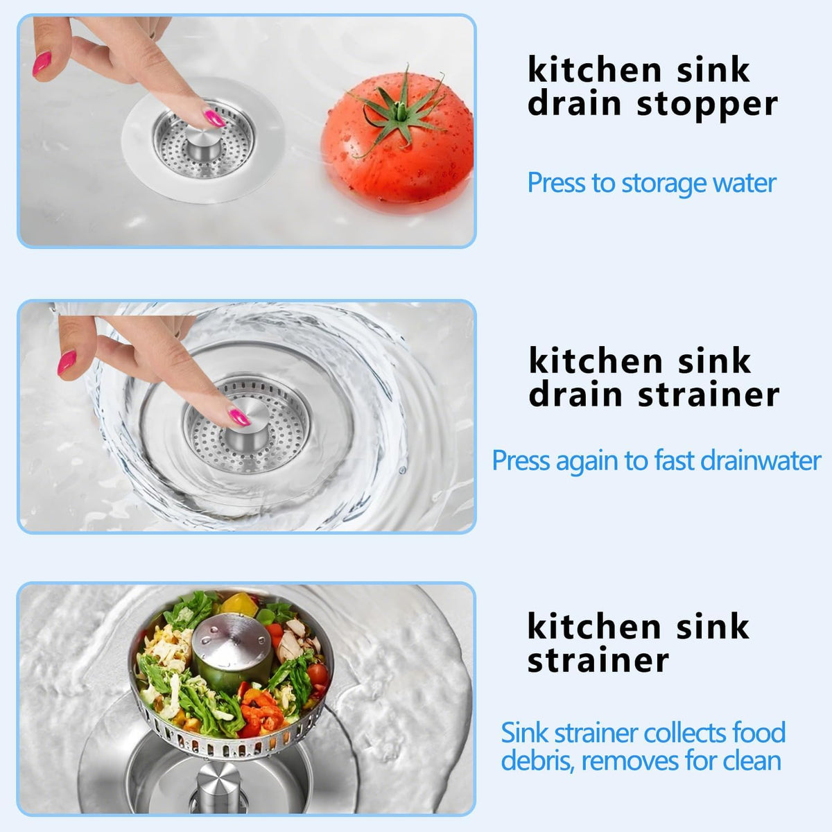 3-in-1 Kitchen Sink Drain Strainer & Stopper, Stainless Steel Food Catcher Plug with Filter Basket, Fits 3-1/2 Inch Drain Hole, Universal Sink Protector Cover, Anti-Clogging, Silver