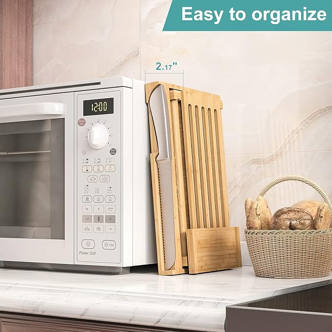 Bamboo Bread Slicer with Serrated Knife, Adjustable Guide for 3 Thickness Sizes, Foldable Chopping Board with Crumb Tray, Great for Homemade Bread, Cakes, Bagels