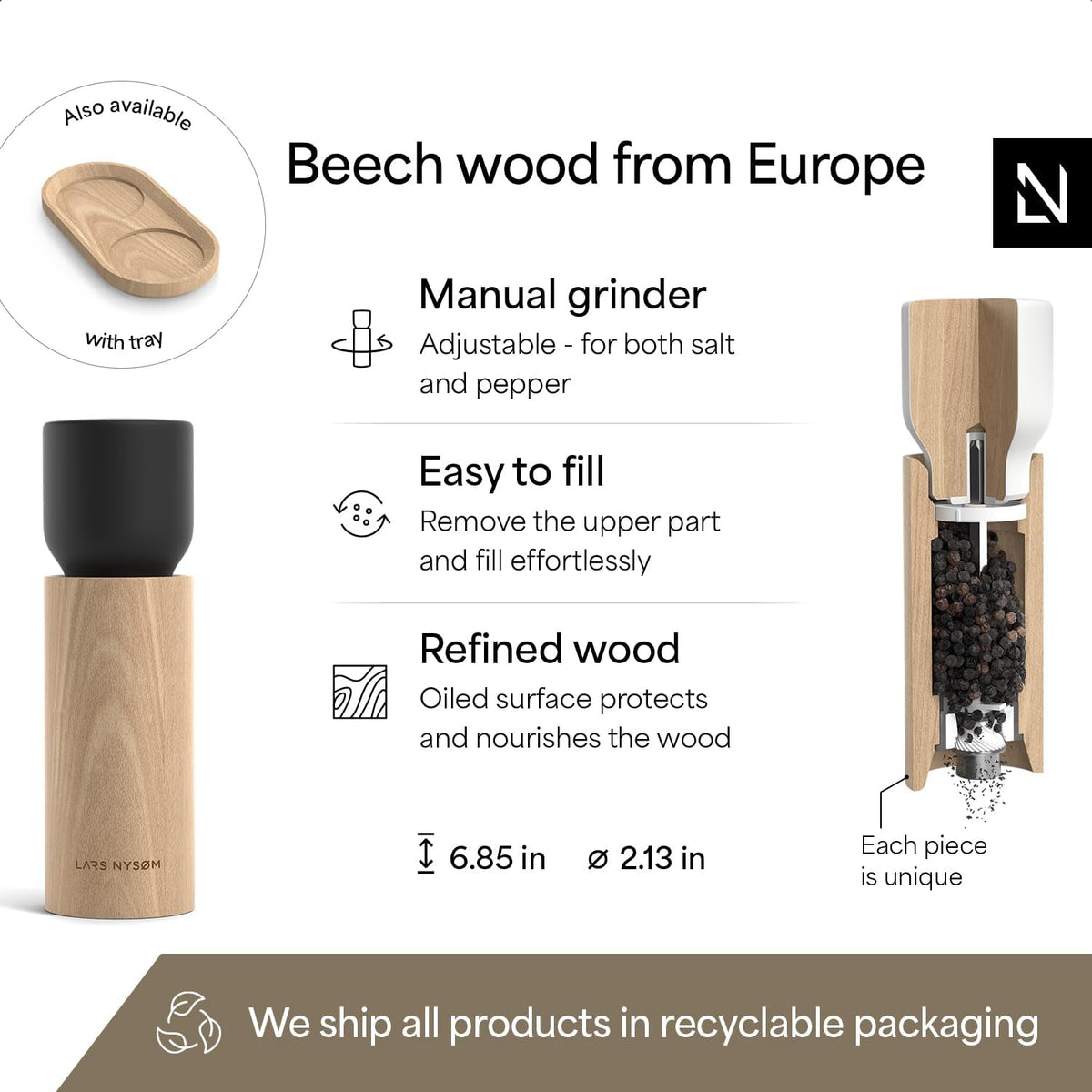 LARS NYSØM Wooden Salt and Pepper Grinder Set Manual - Salt and Pepper Mills with Adjustable Ceramic Grinder - Elegant Beechwood Pepper and Salt Mill Set for Dining Table (Black/White)