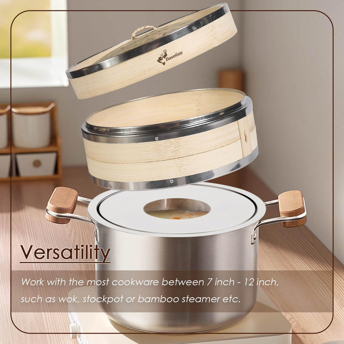 Stainless Steel Steamer Adapter, Fits 7 to 12 Inch Bamboo Steamer Basket, Steaming Ring for Asian Food, Cooking Dumpling, Dim Sum, Rice, Veggies, Vegetable, Chinese Steam Pot