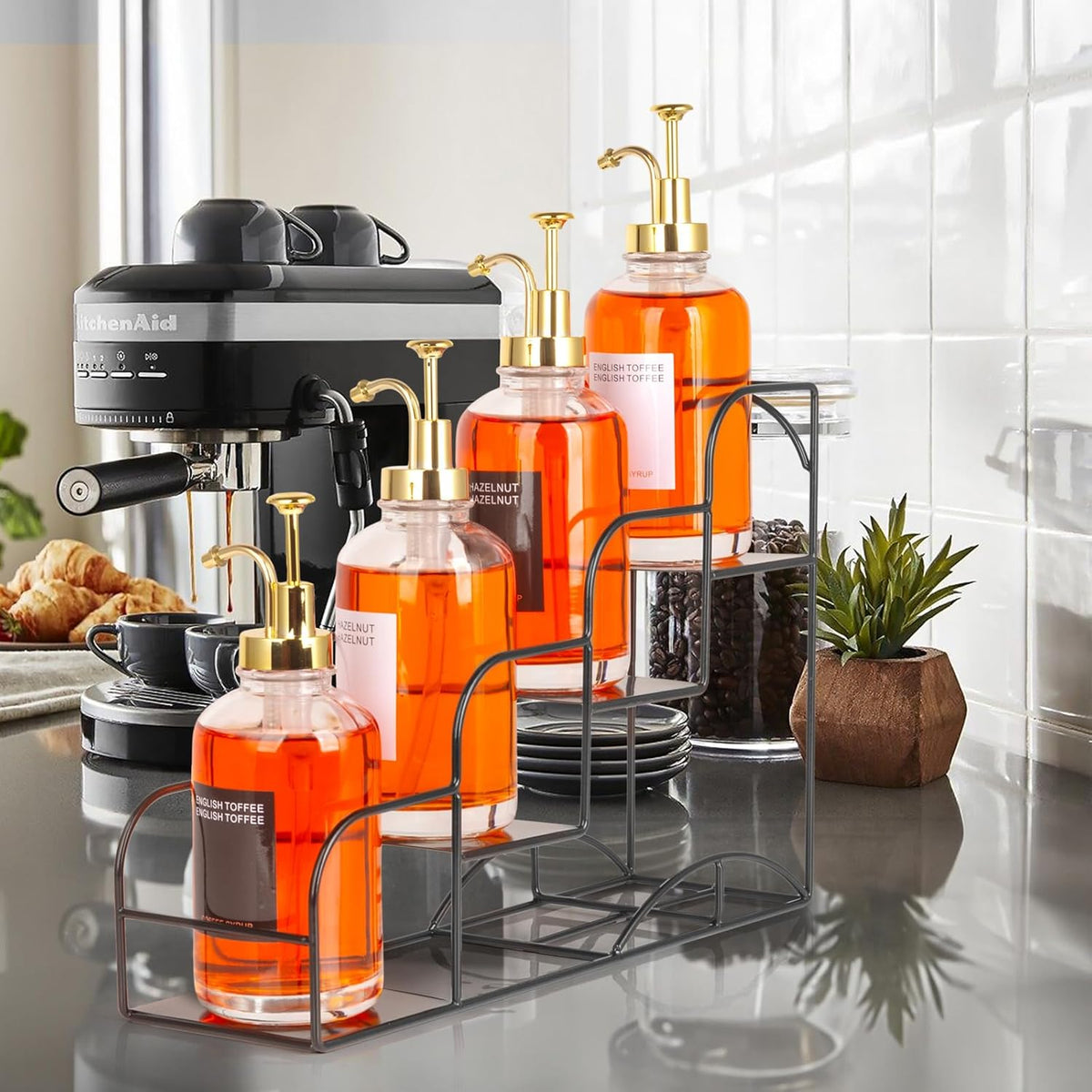 Syrup Rack for Coffee Bar Accessories, Iron 4 Compartment Bottle Organizer, Countertop Display Storage Shelf Bottle Stand, Metal Coffee Bar Organizer for Wine, Kitchen, Holds 4 Bottles