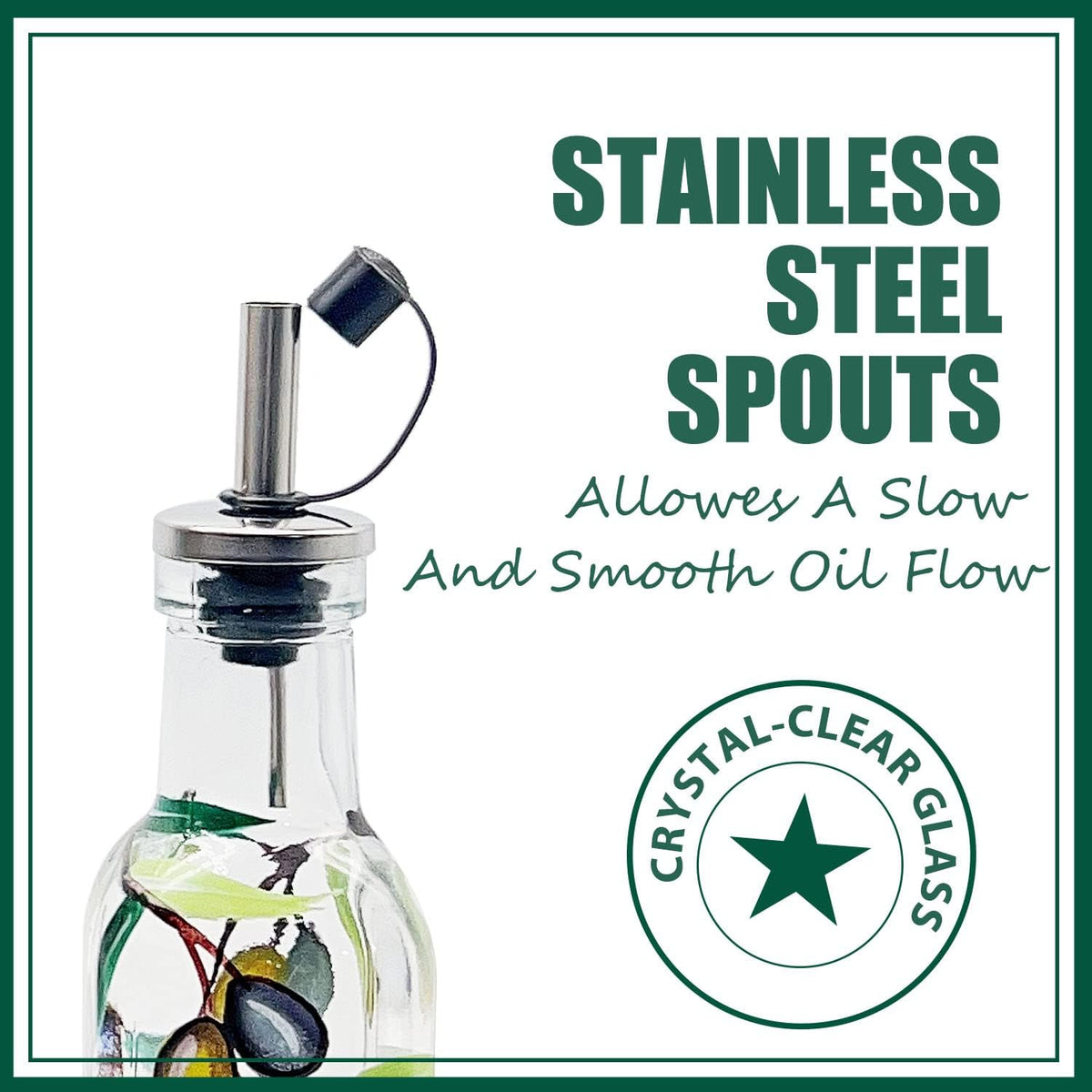 7oz Hand Painted Glass Olive Oil Bottle Dispenser - 200ml Green Oil & Vinegar Cruet with Pourers - Olive Oil Carafe Decanter for Kitchen