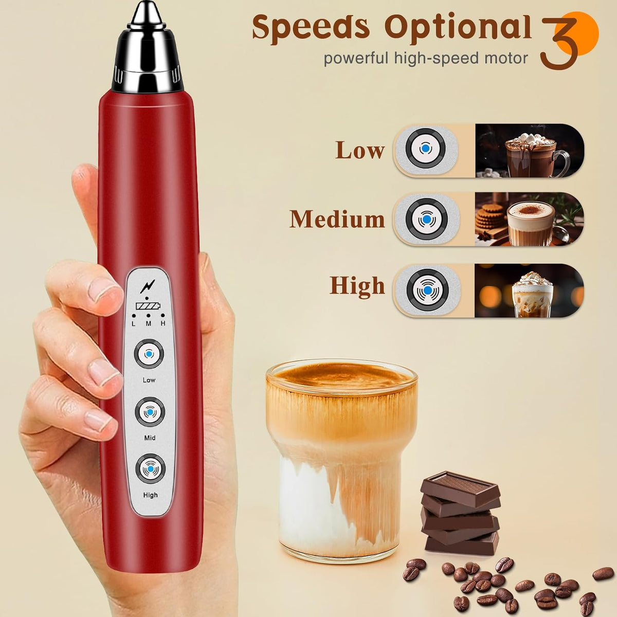 Milk Frother Handheld Rechargeable, Frother Wand Drink Mixer Electric Whisk for Coffee, Detachable With 3 Stainless Whisks, Hand Mixer for Lattes, Cappuccino, Matcha, Egg, No Stand, Red