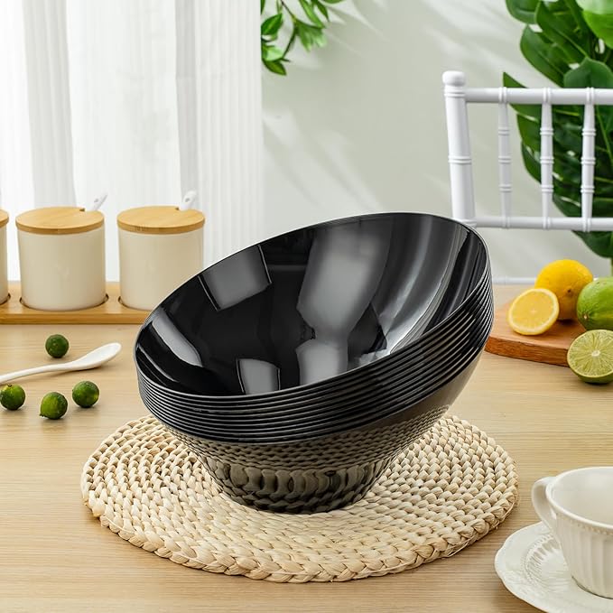 BESTVIP 54oz Black Plastic Serving Bowls for Party - 12 Pack Angled Disposable Serving Bowls, Party Bowls for Chips, Snacks, Fruit, Salad - Catering Bowls for Daily Use, Parties,Halloween, Christmas