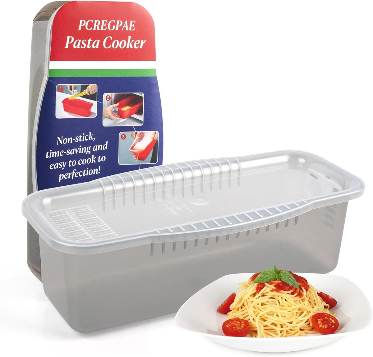 Microwave Pasta Pot with Strainer Lid & Measuring Cup Clip Quickly Cook 1-4 Servings-No Mess, Sticking or Waiting For Boil, Pasta Cooker in Microwave for Dorm Kitchen Office College Essential
