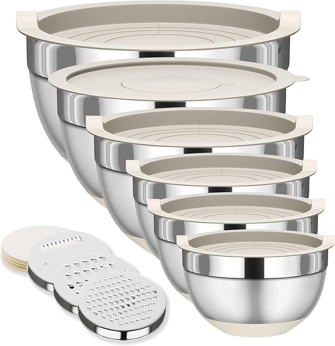Fyrnova Mixing Bowls with Lids Set, 6 Piece Stainless Steel Nesting Storage Bowls for Kitchen, with 3 Grater Attachments & Non-Slip Bottoms, Size 5.5,3.5,2.5,2.1,1.5,1.1 QT
