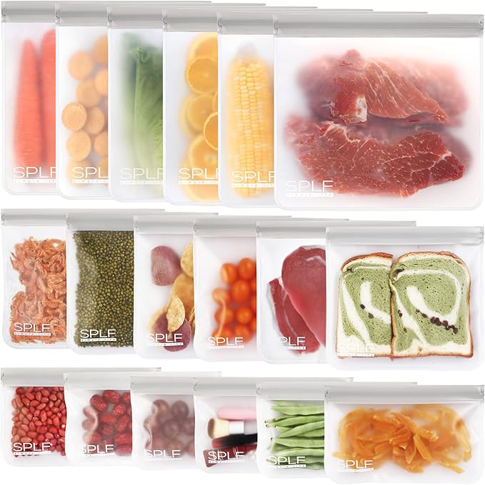 SPLF 18 Pack BPA FREE Reusable Storage Bags (6 Gallon Freezer Bags, 6 Sandwich Bags, 6 Snack Bags), Extra Thick Leakproof Silicone and Plastic Free Lunch Bag