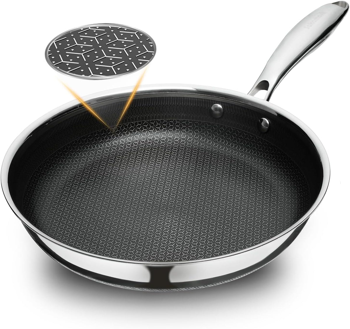 9.5" Non Stick Frying Pans, Hybrid Ceramic Stainless Steel Pan, Skillet with Stay-Cool Handle, Non Toxic, PFAS PFOA PTFE Free, Dishwasher & Oven Safe, Induction, Compatible with All Cooktops