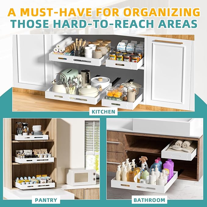 HBL' 1 Pack | 21" Deep Pull Out Cabinet Organizer Adhesive, (13.8" to 22.0") Width Expandable Sturdy Carbon Steel Roll-Out Drawers for Face Frame or Frameless Cabinets,Slide-Out Shelves for Pantry.