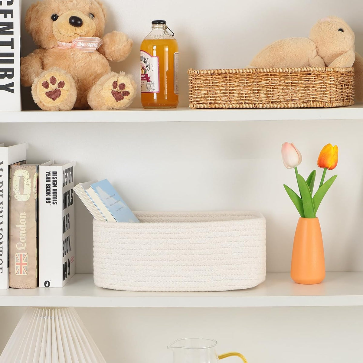 Small Storage Baskets for Organizing | Closet Organizer Bins | Shelf Toy Basket | Woven Rope Baskets | Cube Decorative Box | Shallow Basket | 11.5x7.5x4.7” | 4 Packs Off White