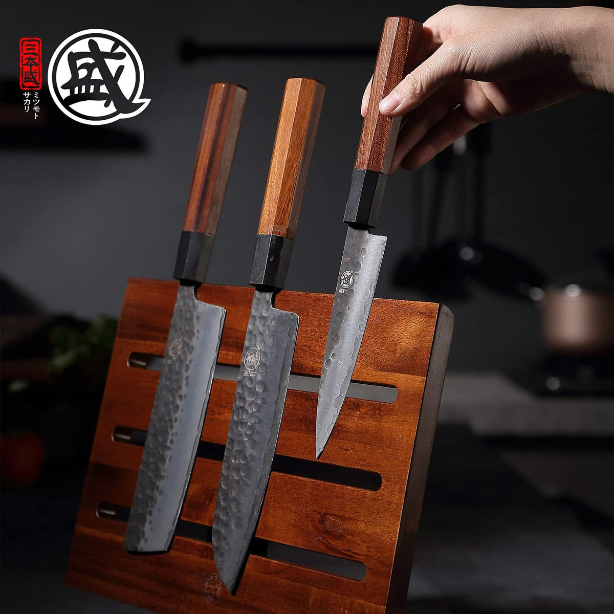 MITSUMOTO SAKARI Japanese Magnetic Knife Block, Japanese Acacia Wood Knives Holder Stand, Enhanced Double-Sided Magnetic Wooden Knife Storage for Kitchen Counter