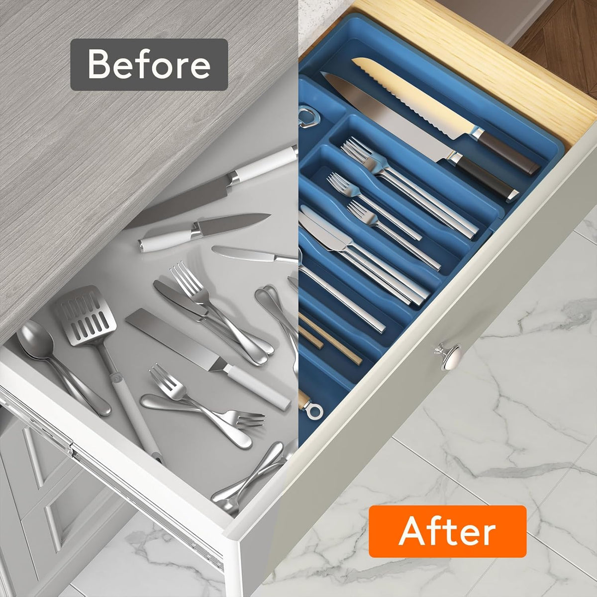 Lifewit Silverware Drawer Organizer, Expandable Utensil Tray for Kitchen, BPA Free Flatware and Cutlery Holder, Adjustable Plastic Storage for Spoons Forks Knives, Large, Dark Blue
