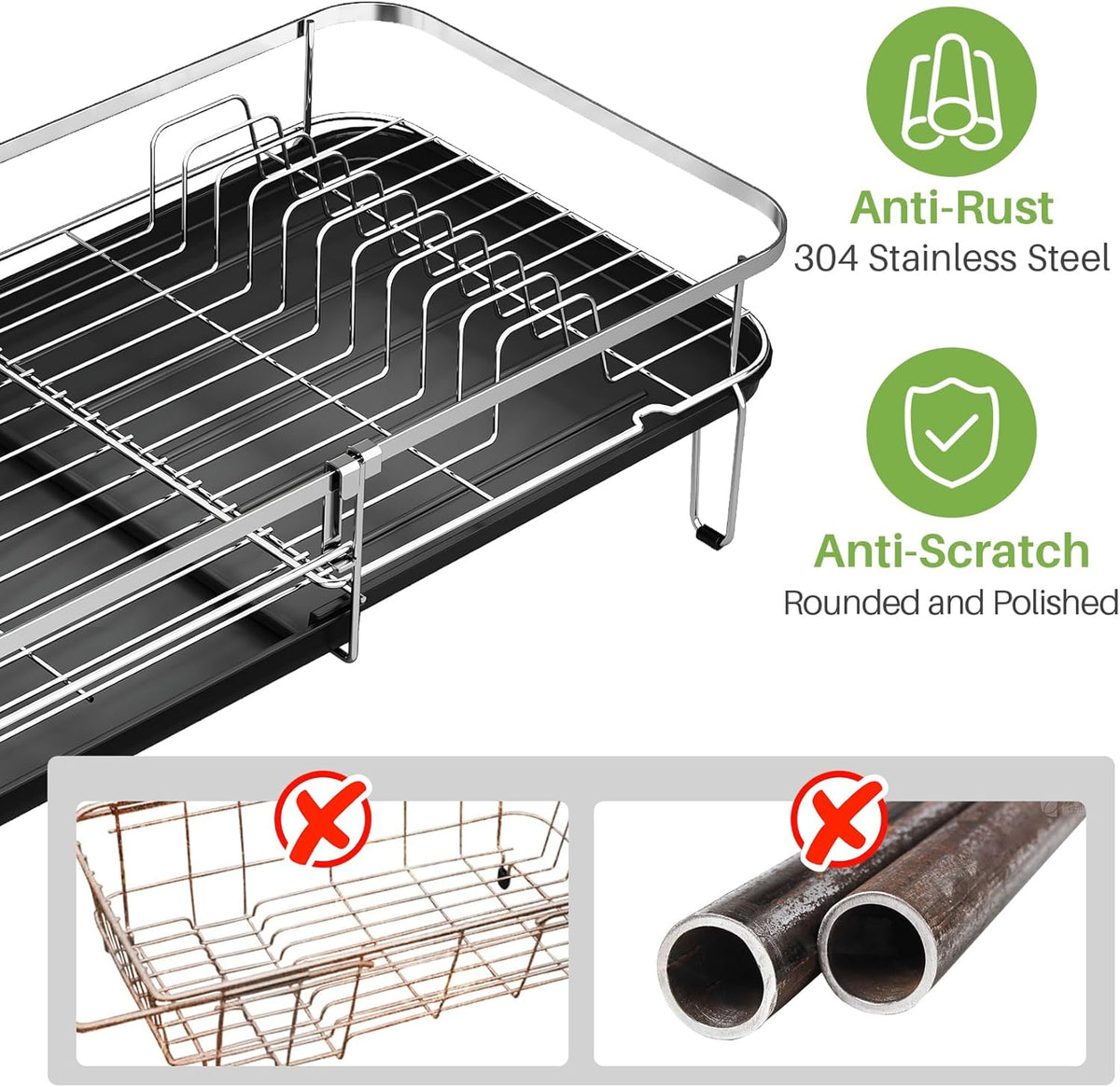 Dish Drying Rack, Expandable Dish Rack for Kitchen Counter, Stainless Steel Dish Drainer with Utensil & Cup Holder 13.8"-22.6" L x 12.1" W (Silver)