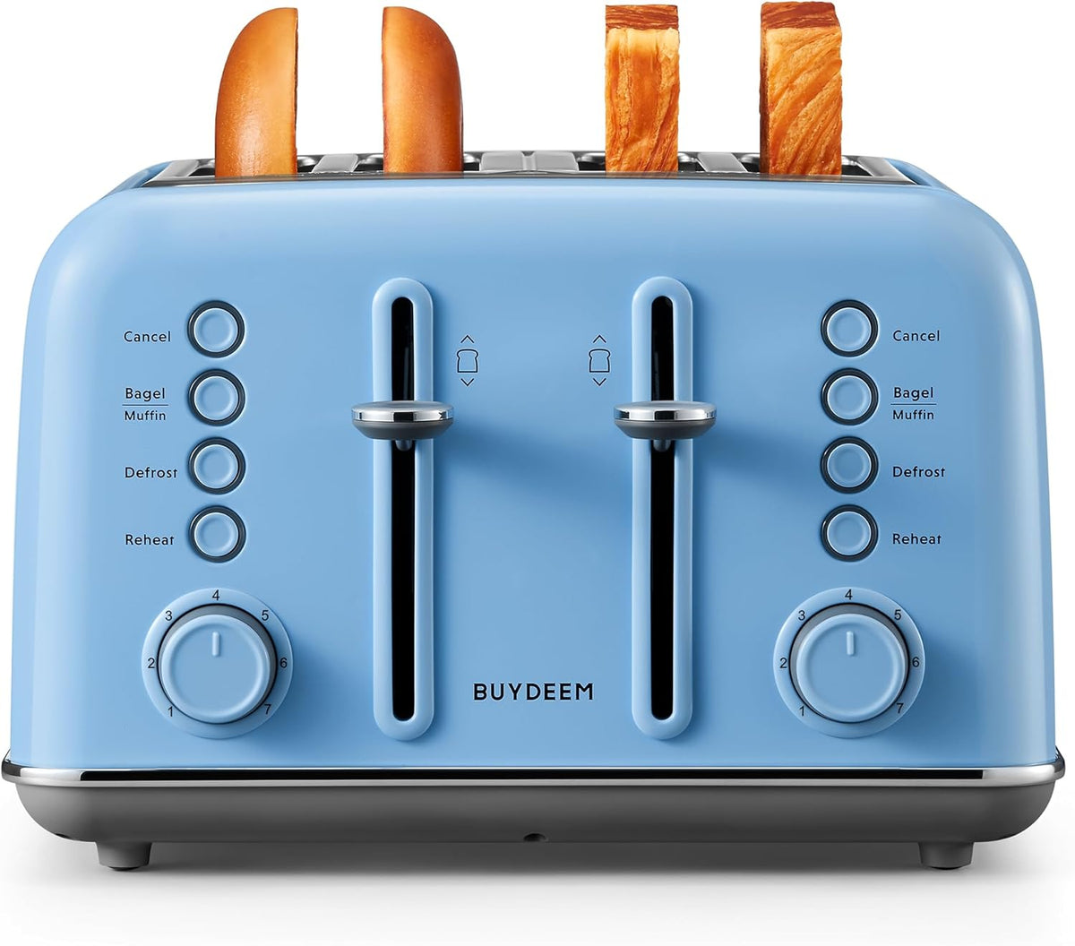 BUYDEEM DT640 4-Slice Toaster, Extra Wide Slots, Retro Stainless Steel with High Lift Lever, Bagel and Muffin Function, Removal Crumb Tray, 7-Shade Settings,Blue