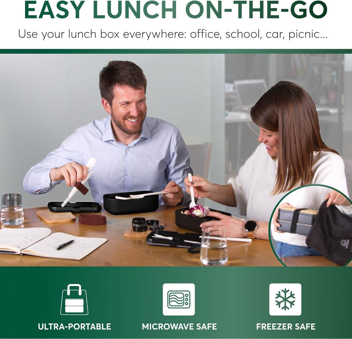 Umami Bento Box Adult All-in-1 w/ 4 Utensils, 100% Leakproof, Dishwasher & Microwave Safe Lunch Containers for Adults w/ 4 Compartments, Black, 34 oz