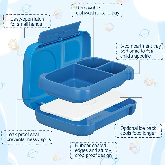 Kids Chill Leak-Proof Lunch Box-Included Reusable Ice Pack Keeps Food Cold;3-Compartment Bento Lunch Container,Microwave & Dishwasher Safe,Bento Lunch Box for School,Trvael (Blue)