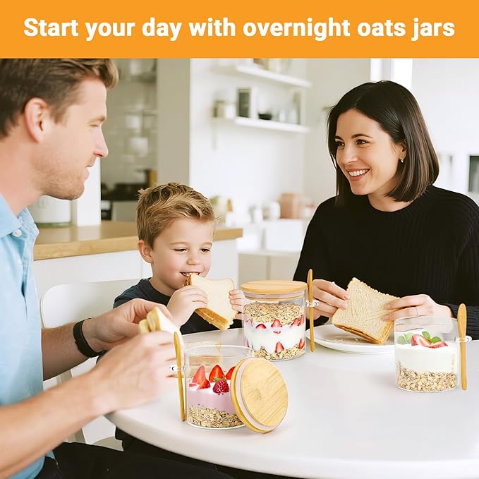 Glass Jars with Bamboo Lids - 2 Pack 20 Fl.oz Round Glass Jar with Airtight Lid and Spoon, Kitchen Pantry Storage Canister for Overnight Oats, Spice, Coffee, Brown Sugar, Loose Tea, Candy