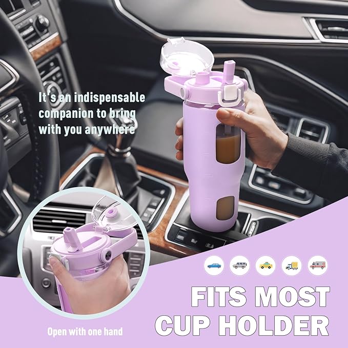 BLUEGO 32oz Glass Water Bottles with Straw Time Marker Half Gallon Large Motivational Water Bottle with Silicone Sleeve 2 Liter Large Glass Water Jug for Gym, Sports& Workout, Daily, Purple