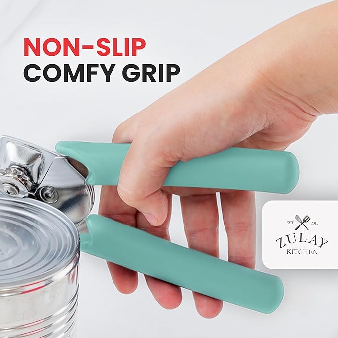 Zulay Kitchen Heavy Duty Stainless Steel Manual Can Opener – Ergonomic Soft Grip Handles, Smooth Edge Cutting Wheel & Large Built In Bottle Opener – Easy Turn Knob for Effortless Use - Mint