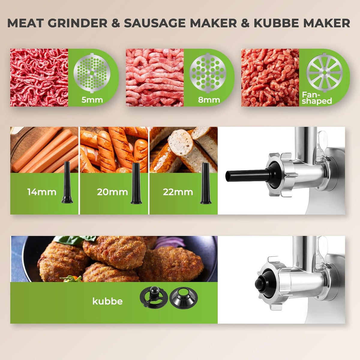 Electric Meat Grinder 3200w Commercial Heavy Duty Metal Gearbox Meat Grinder and Sausage Stuffers, Kubbe Kit for Household Use & Commercial
