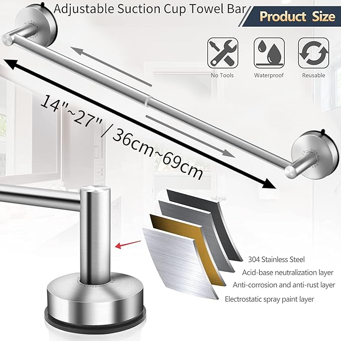 DGYB Adjustable Suction Cup Towel Bar for Bathroom 14 Inch ~ 27 Inch Brushed Nickel Towel Rack Stainless Steel Bath Towel Holder for Glass Shower Door