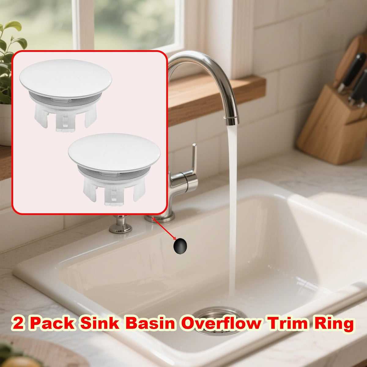 2 Pack Sink Basin Overflow Trim Ring,Solid Brass Bathroom Sink Trim Overfollow Cover,Sink Trim Overflow Cover Insert in Hole Round Caps or Kitchen Bathroom(White)