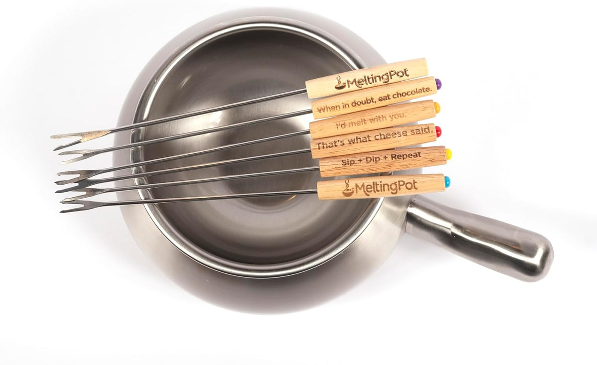 The Official Melting Pot 8-piece Fondue Set -2 Qt. Stainless Steel Pot with liner and 6 Fondue Forks for Cheese, Chocolate & Broth.