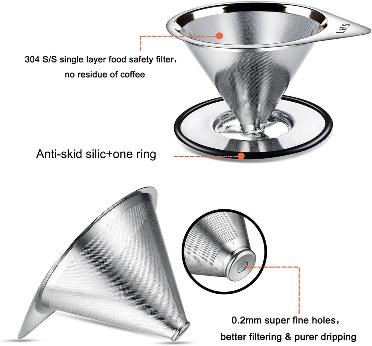 LHS Pour Over Coffee Dripper Stainless Steel Coffee Filter Metal Cone Filter Paperless Reusable Coffee Filter Single Cup Coffee Maker 1-4 Cup With Non-slip Cup Stand and Cleaning Brush