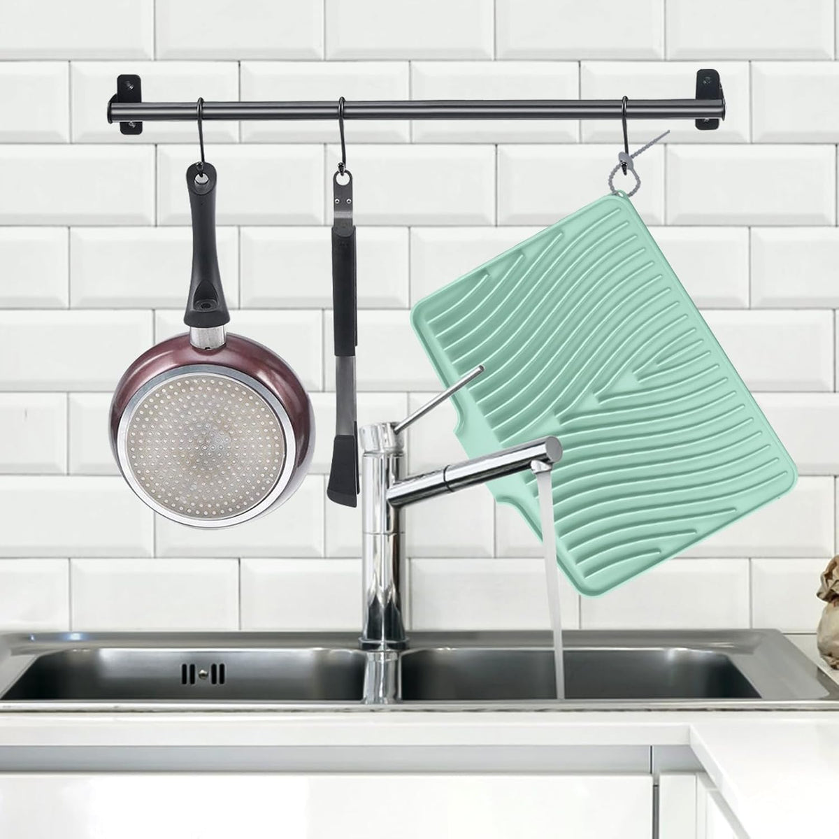 Dish Drying Mat, Stone Drying Mat for Kitchen Counter with Built-in Drain, Non-Slip Drying Matt Kitchen Counter, Heat Resistant Silicone Drying Mat, Dish Drying Pad, 2 Pcs(15.8"X 13", Mint)