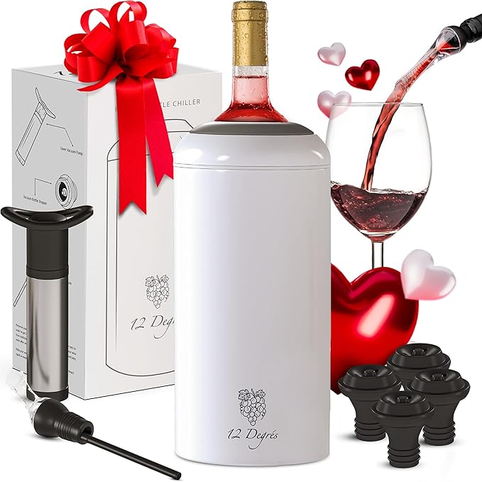 Wine Chiller Set - Perfect Wine Gifts for Women & Men - Stainless Steel Insulated Wine Cooler with Wine Pump, Aerator & 4 Stoppers (White Matte)