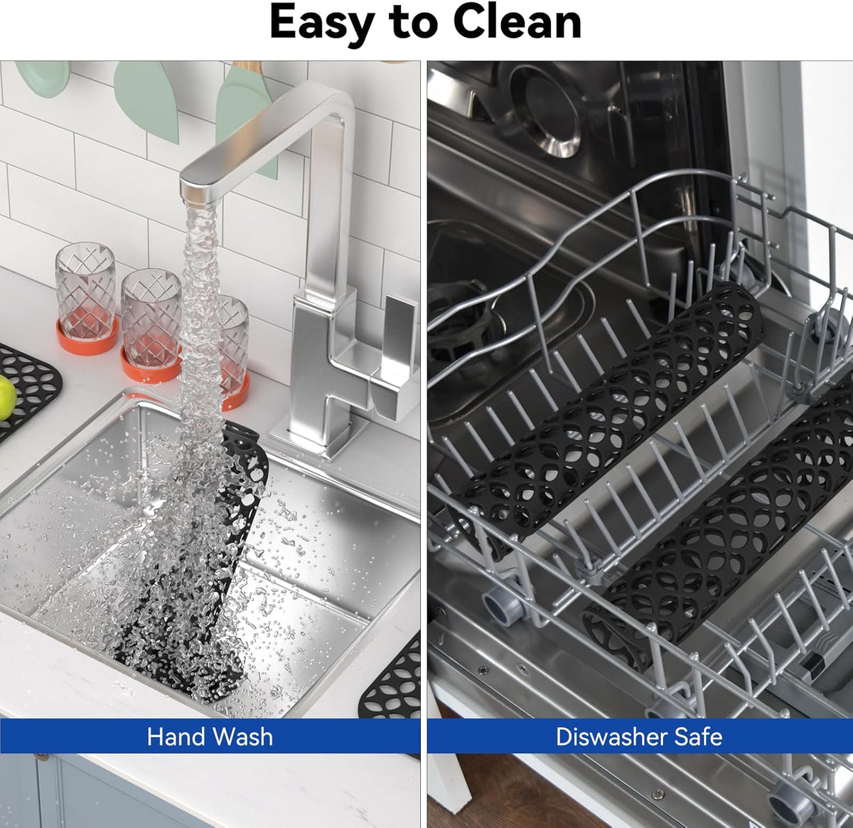 TOOVEM Kitchen Sink Mats, 2PCS Non-Slip Heat Resistant Silicone Sink Protector Mat, Folding Farmhouse Rear Drain Sink Mats (Type2: Center Drain, Black)